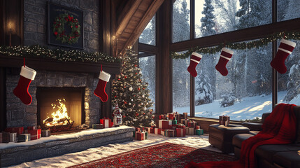 Cozy Christmas Cabin  Fireplace  Tree  Gifts  Snow Scene