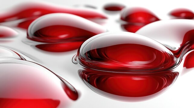 Shiny red droplets rest on a soft surface, creating a mesmerizing display of color and light