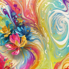 Vibrant abstract flower with golden accents in colorful swirling patterns and dynamic gradient background, digital art style