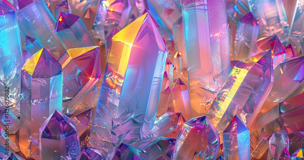 Poster a vibrant array of colorful crystals reflecting light in various angles.