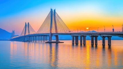 Magnificent Suspension Bridge at Scenic Sunset Overlooking the Sea