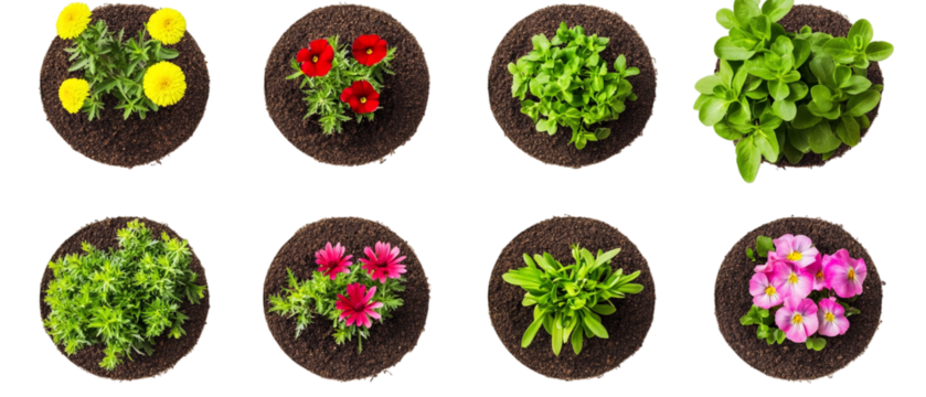 A set of plants growing in soil, isolated on a transparent background, perfect for gardening, nature, or environmental-themed designs.