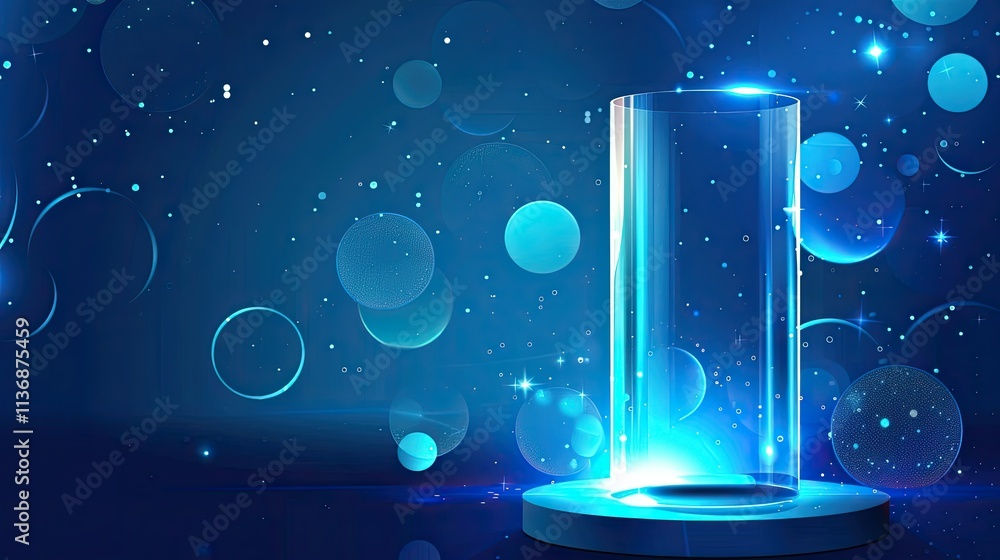 Poster a glowing cylindrical display on a blue background with luminous circles and sparkles.