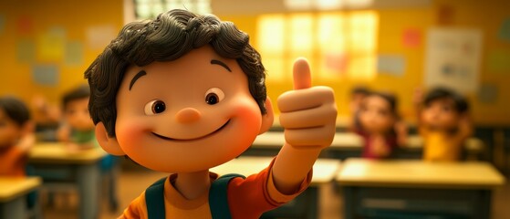 A cartoon boy is giving a thumbs up in a classroom