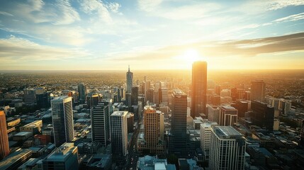 Obraz premium Breathtaking Cityscape at Sunset: A Panoramic View of Towering Skyscrapers