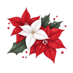 Fototapeta premium A beautifully illustrated arrangement of red and white poinsettias with green leaves and berries, perfect for holiday themes.