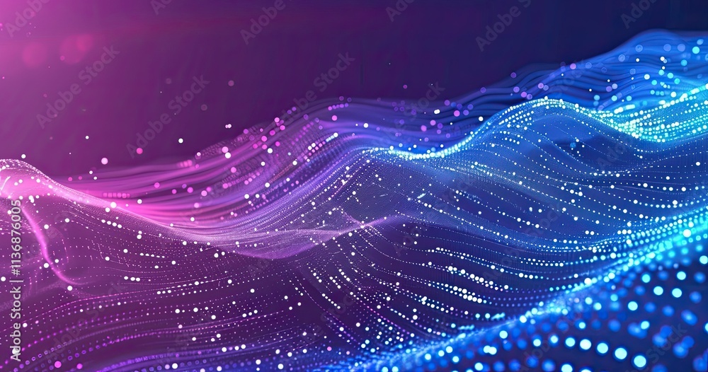 Poster abstract wave of colorful light particles creating a digital landscape.