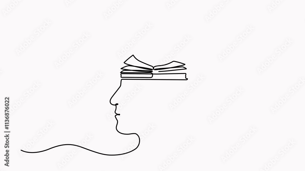 Aufkleber continuous line drawing open book inside head video. animated education linear symbol. creative idea