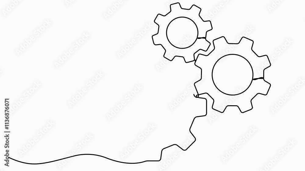 Poster gears wheels continuous line drawing animation. animated moving three linear cog gears. teamwork con