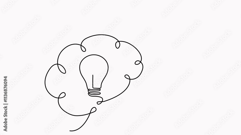Aufkleber light bulb inside human brain continuous line art drawing video. wisdom concept animation. creative 