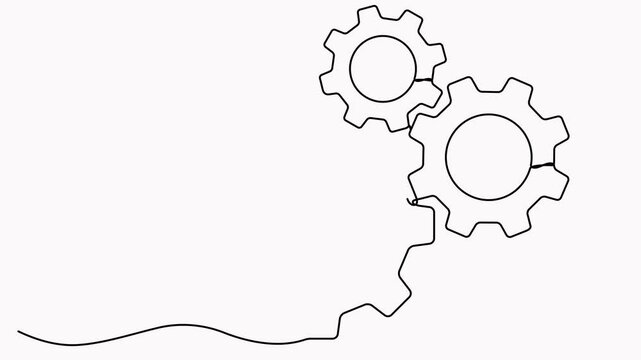 Gears wheels continuous line drawing animation. Animated moving three linear cog gears. Teamwork concept video.