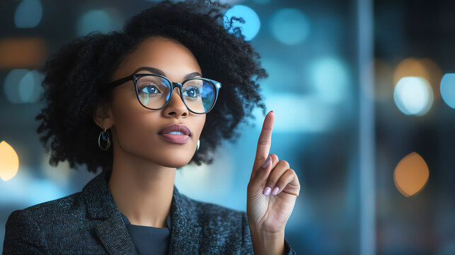 Businesswoman in glasses and smartcasual outfit, raising one finger while looking inspired, Corporate office, solution focus