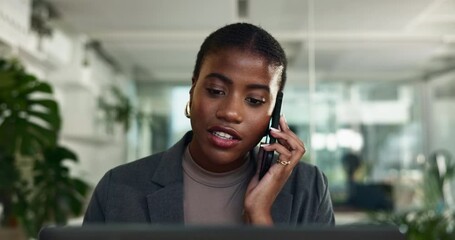 Talking, phone call and African businesswoman on laptop in office as accountant in financial company. Smile, face and mobile communication for project, portfolio management and investment banking - Powered by Adobe