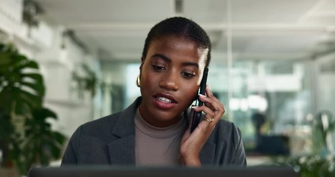 Talking, phone call and African businesswoman on laptop in office as accountant in financial company. Smile, face and mobile communication for project, portfolio management and investment banking