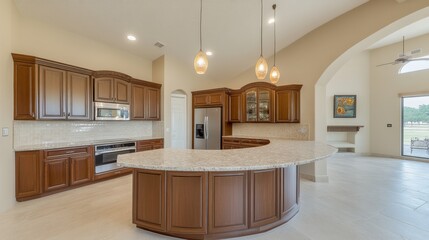 Spacious and Elegant Kitchen with Wooden Cabinets and Countertops