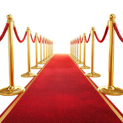 A 3D rendering of a red carpet with golden barriers on each side, isolated against a transparent background ideal for event, award show, or luxury-themed designs