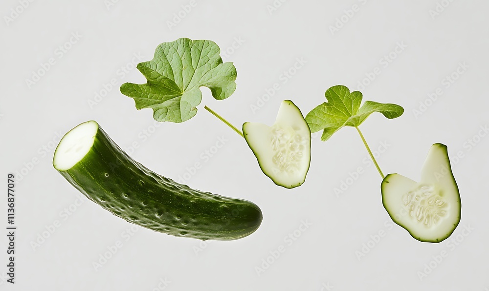 Poster a whole cucumber and slices float with leaves