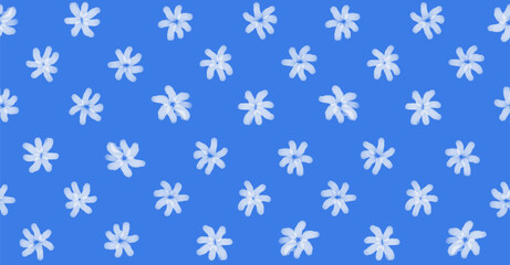Abstract Blue Floral Seamless Vector Pattern. White Hand Drawn Irregular Brush Flowers on a Blue Background. Endless Print with Childish Abstract Drawing of Daisy Flowers. 