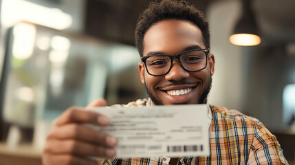 Worker snapping a photo of their bonus check with a grin, Bonus celebration, capturing the moment