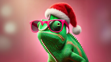 Christmas chameleon on red background