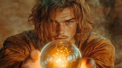 Naklejka premium A young man gazes intently at a glowing crystal ball, surrounded by a mystical atmosphere.