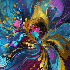 Vibrant abstract flower with golden accents in colorful swirling patterns and dynamic gradient background, digital art style