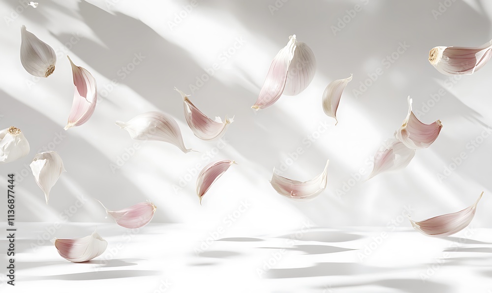 Poster garlic cloves floating in airlit studio setting