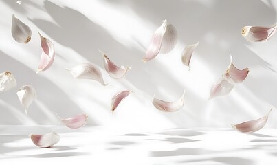 Garlic Cloves Floating in Airlit Studio Setting