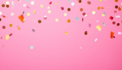 A playful and festive image of confetti raining down on a striking pink background