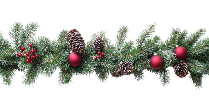 A Christmas garland, isolated on a transparent background, perfect for holiday decorations, festive designs, or seasonal-themed visuals.
