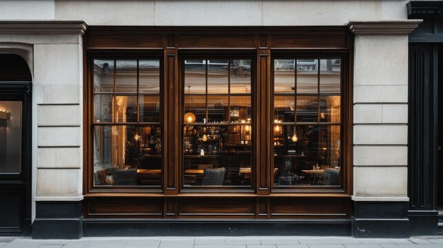 Elegant brown wood-framed windows of a bar or restaurant at night, seen from the street.