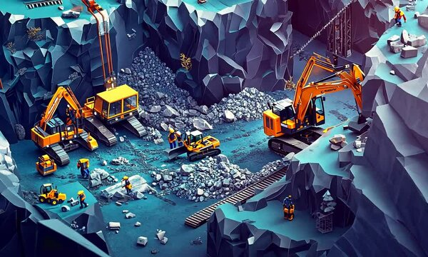 Low-poly isometric illustration of a quarry with mining equipment and workers.