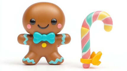 Obraz premium A playful gingerbread figure holding a striped candy cane, pastel lavender icing accents with a caramel-colored body, teal bow tie