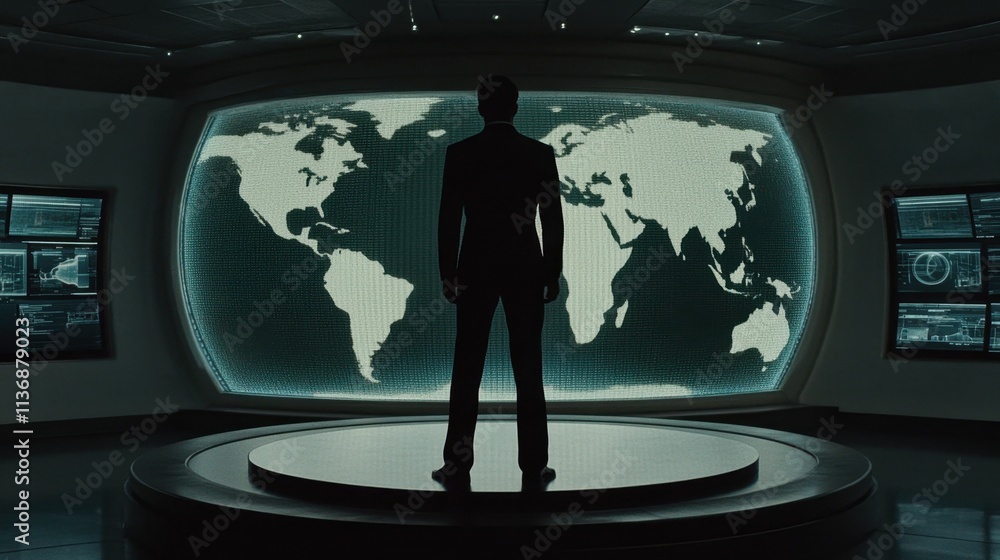 Poster silhouette standing in front of world map display