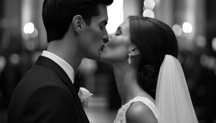 Bride and Groom's First Kiss in Church A tender and passionate kiss shared by the bride and groom at their wedding ceremony in a church. A timeless moment love and commitment.