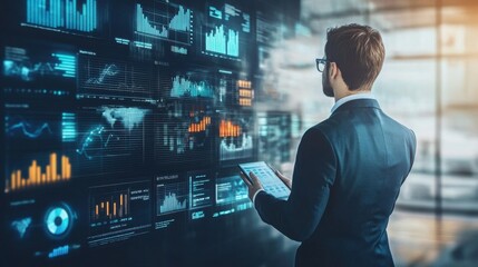 Businessman Analyzing Financial Data on Multiple Screens
