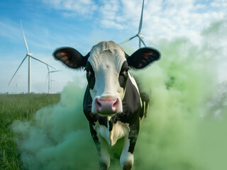 Funny environmental picture of a cow farting and emitting greenhouse gases like methane as a green cloud, copy space on background of wind power generators