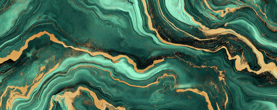 Luxurious malachite green marble texture with striking gold veins, perfect for creating a high-end design or decorative backdrop. Abstract fluid art background
