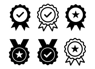 Certified medal icon set: Collection of approval badges with check symbols, representing certification and authorization. Stock vector design.