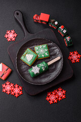 Natural popsicle ice cream on a stick in the style and colors of Christmas