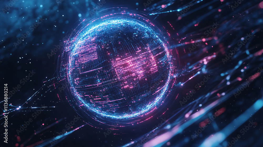 Poster a futuristic planet icon surrounded by data streams, representing space exploration platforms, onlin
