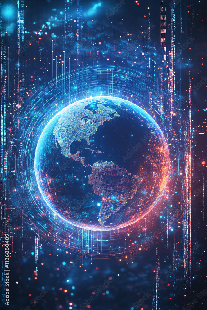 Poster a futuristic planet icon surrounded by data streams, representing space exploration platforms, onlin