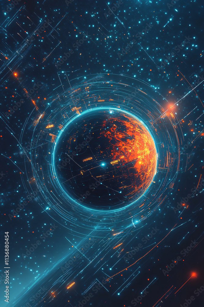 Poster a futuristic planet icon surrounded by data streams, representing space exploration platforms, onlin