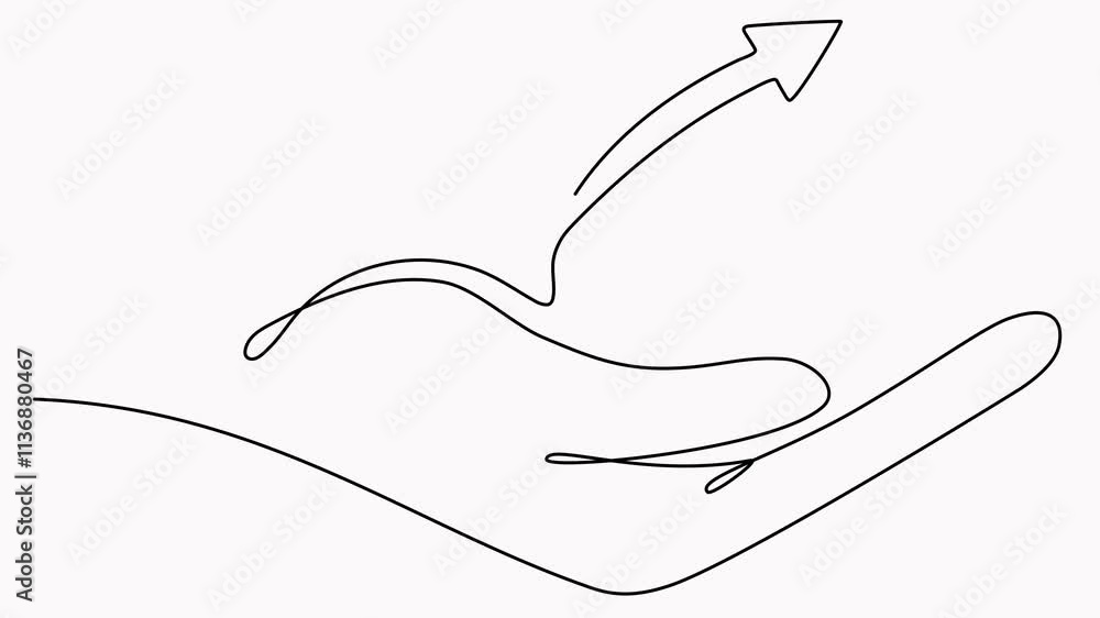 Poster animated hand holding arrow with growth graph continuous line drawing.