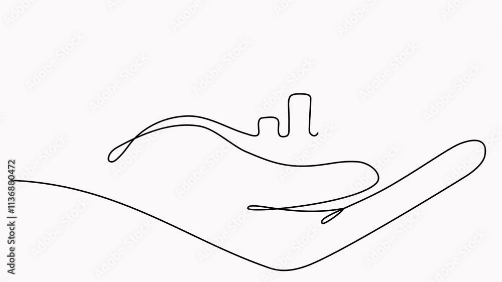 Poster animated hand holding arrow with growth graph continuous line drawing.