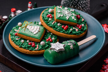 Natural popsicle ice cream on a stick in the style and colors of Christmas