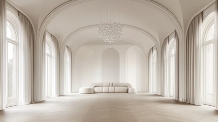 Obraz premium Elegant, light-filled grand room with arched windows, high ceilings, and a curved sofa.
