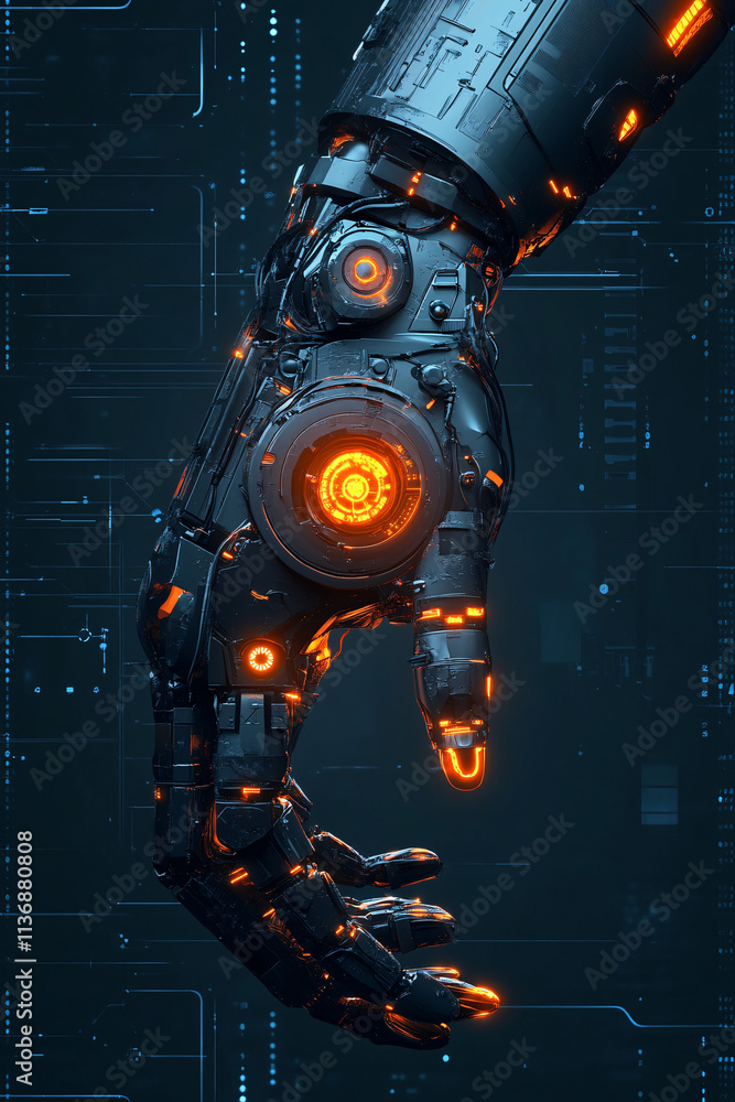 Poster a futuristic robot arm icon with glowing data, symbolizing industrial automation platforms, smart ro