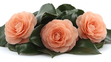 Three Peach Camellia Blossoms with Green Leaves