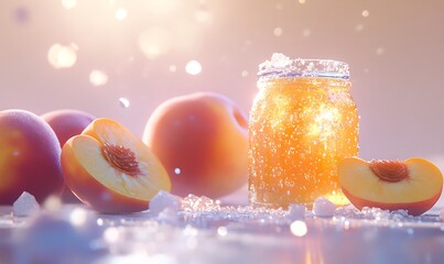 Peach slices and peach infused beverage in a jar